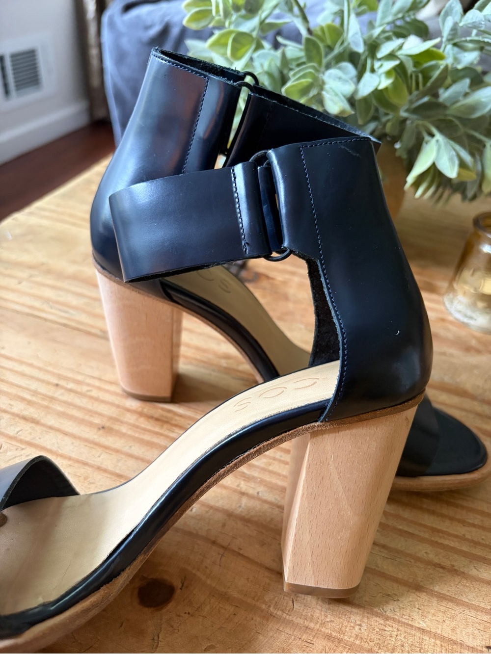 COS Navy Leather Sandal Wood Block Heel  Size 38 7.5 - Picture 5 of 13